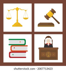 four court objects icons. court items. court scales, judge's hammer, pile of books and judge characters sitting on chairs in court. flat design vector illustration.