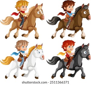 Four cowboys riding different colored horses