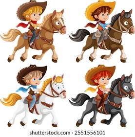 Four cowboys riding different colored horses