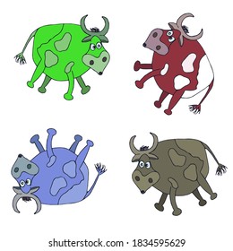 Four cows of green, blue, brown and red colors on a white background, vector