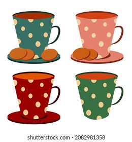 Four cozy spotty teacups with cookies isolated on white background. Dessert and utensils vector illustration.
