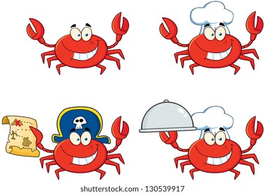 Four Crab Cartoon Character. Vector Collection