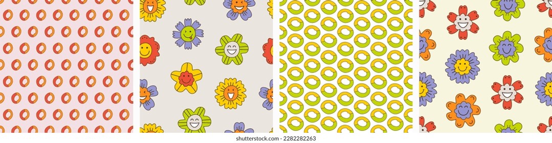 Four creative patterns pack, cheerful flowers. Multipurpose use, retro clipart, continuous flat vector illustration
