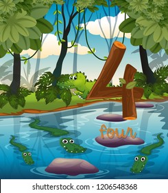 Four crocodile in the pond illustration