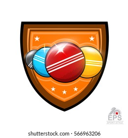 Four Croquet Balls In Center Of Shield Isolated On White. Sport Logo For Any Team Or Championship