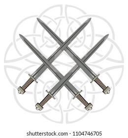 Four crossed the Vikings sword in the background of the Scandinavian pattern and the inscription in runes in Icelandic, isolated on white, vector illustration, eps-10