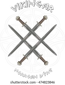 Four crossed the Viking's sword in the background of the Scandinavian pattern and the inscription in runes in Norwegian, isolated on white, vector illustration, eps-10