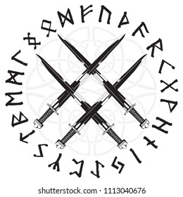 Four crossed the Vikings sword in a circle of Norse runes, isolated on white, vector illustration