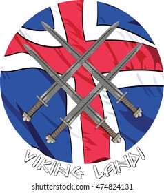Four crossed Viking's sword on the background of the Icelandic flag and inscriptions runes, isolated on white, vector illustration, eps-10