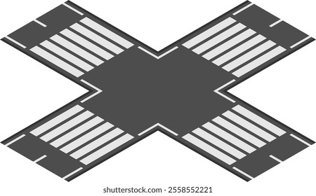 Four crosswalks and roads intersecting in an x shape, captured from above, illustrating concepts of urban planning, pedestrian safety, and traffic flow in a city environment