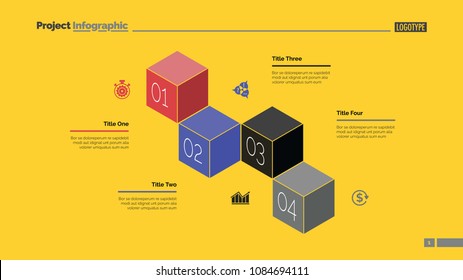Four cubes process chart slide template. Business data. Option, diagram, design. Creative concept for infographic, presentation. Can be used for topics like management, finance, training.
