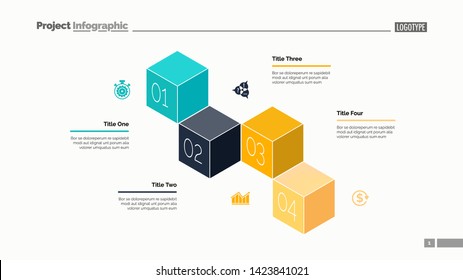 Four cubes process chart slide template. Business data. Option, diagram, design. Creative concept for infographic, presentation. Can be used for topics like management, finance, training.