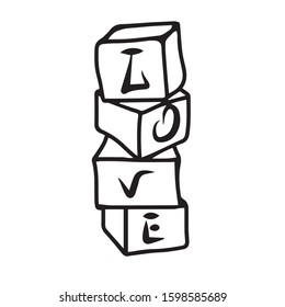 Four cubes stand one on top of the other with the letters forming the word love .Vector illustration.Form for banners, postcards.Holiday.
