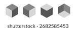 Four cubic shapes are arranged in isometric view, each with rounded edges and different light and shadow distributions, presenting a grainy visual style against a white backdrop.