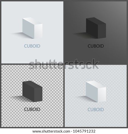 Four cuboids layouts, color vector illustrations, set of black and white cuboids, bright transparent and dark backdrops, geometric figures collection