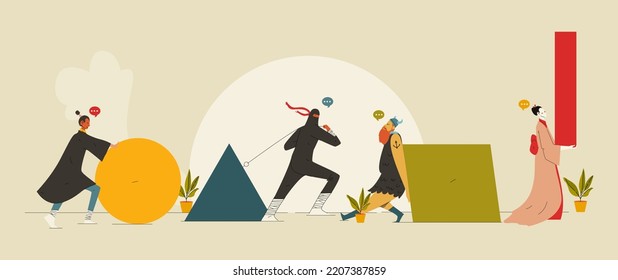 Four Cultural Characters Bringing Shapes