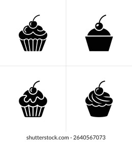 Four cupcake icons in black and white, each topped with a cherry. The set includes variations in the cupcake base and frosting design for contrast.