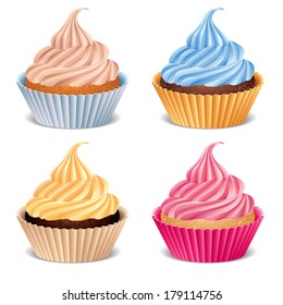 Four cupcakes isolated on white photo-realistic vector illustration