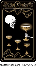 Four of cups. Card of Minor arcana black and gold tarot cards. Tarot deck. Vector hand drawn illustration with skull, occult, mystical and esoteric symbols.