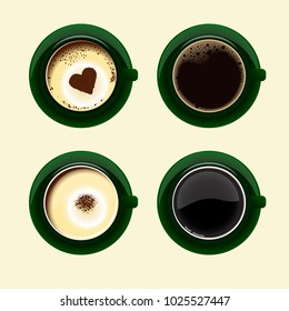 Four cups of coffee with americano latte espresso macchiatto mocha cappuccino.