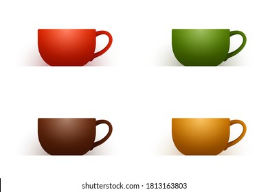 Four cups of different colors, isolated over white background, attributes for tea ceremony and drinking, templates for your design