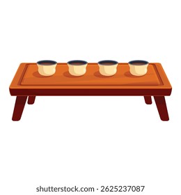 Four cups full of tea are sitting on a small wooden tea table
