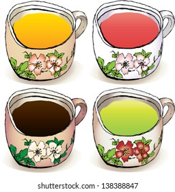 Four cups with green, fruit and yellow tea and coffee, hand made illustration