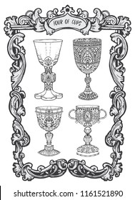 Four of cups. Minor Arcana tarot card. The Magic Gate deck. Fantasy engraved vector illustration with occult mysterious symbols and esoteric concept