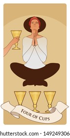 Four of Cups. Tarot cards. Young man in an attitude of meditation and prayer, levitating over three golden cups and ignoring the cup offered by an anonymous hand.