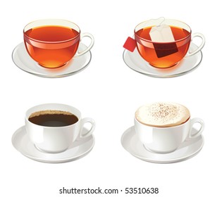 Four cups with tea, coffee and cappuccino