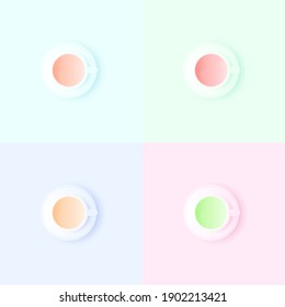 Four cups of tea or coffee on dish with milk. View above. Blue background. Set for design.