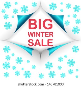 four curled corners with text big winter sale and snowflakes