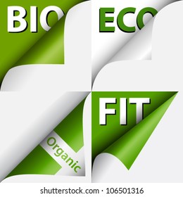Four curled corners with word bio, eco, fit and organic