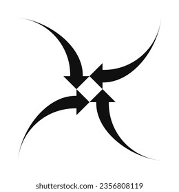 Vier geschwungene Pfeile, negativer Platz. Ein Pfeilquartett formt um ein quadratisches Symbol. Einzeln auf weißem Hintergrund.