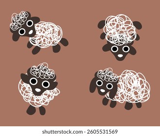 Four cut cartoon sheep on a brown background