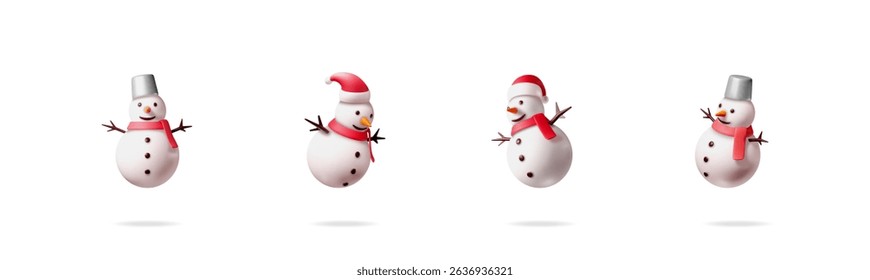 Four cute 3D snowmen with red scarf and hat or bucket on head. Christmas and New Year holiday symbols. Winter season character design.