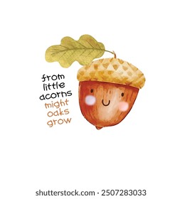 Four cute acorn characters inside autumn theme leaves frame