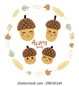 Four cute acorn family characters inside autumn theme leaves frame