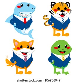 Four cute animal cartoon characters wearing suit like a businessman