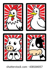 Four cute animal characters in the frame with the background red shine