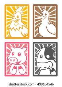 Four cute animal characters in the frame with the background - four colors