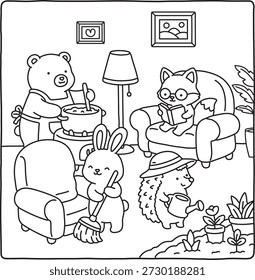 Four Cute Animals Cozy Activity Coloring Page for Kids and Adults
