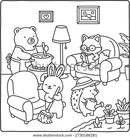 Four Cute Animals Cozy Activity Coloring Page for Kids and Adults