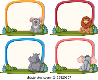 Four cute animals framed by colorful borders