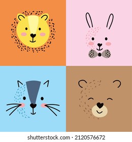 four cute animals heads characters