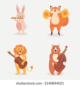 four cute animals playing instruments