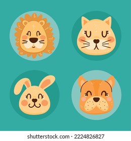 four cute animals set heads