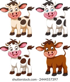 Four cute animated cows with different expressions.