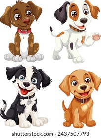 Four cute animated dogs showing various expressions.