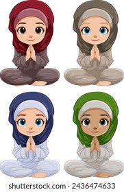 Four cute animated girls wearing colorful hijabs